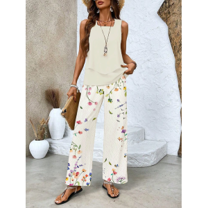 Women's Floral Printing Two-Piece Set Daily Sleeveless Casual Summer Top With Pants Matching Set