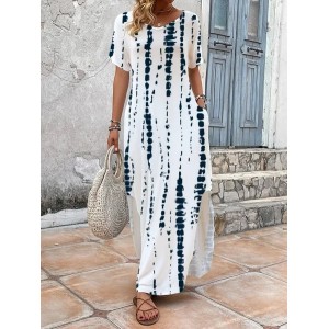Women's Striped Short Sleeve Summer Printing Dress V Neck Daily Casual Maxi T-Shirt Dress H-Line Dress