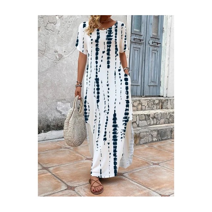 Women's Striped Short Sleeve Summer Printing Dress V Neck Daily Casual Maxi T-Shirt Dress H-Line Dress