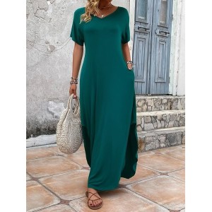 Women's Plain Short Sleeve Summer Dress V Neck Daily Casual Maxi T-Shirt Dress H-Line Dress