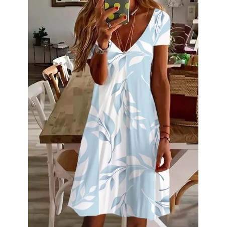 Women's Floral Short Sleeve Summer Printing Dress V Neck Daily Casual Knee Length T-Shirt Dress H-Line Dress