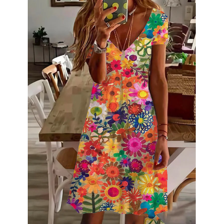 Women's Floral Short Sleeve Summer Printing Dress V Neck Daily Casual Knee Length T-Shirt Dress H-Line Dress