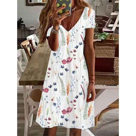 Women's Floral Short Sleeve Summer Printing Dress V Neck Daily Casual Knee Length T-Shirt Dress H-Line Dress