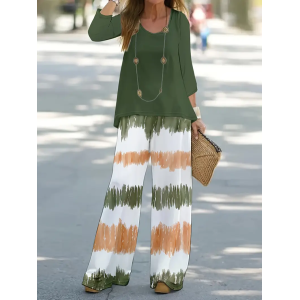 Women's Striped Printing Two-Piece Set Daily Long Sleeve Casual Spring/Fall Top With Pants Matching Set