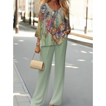 Women's Floral Printing Two-Piece Set Daily Long Sleeve Casual Spring/Fall Top With Pants Matching Set