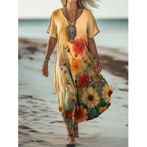 Women's Floral Short Sleeve Summer Printing Dress V Neck Daily Casual Maxi T-Shirt Dress H-Line Dress