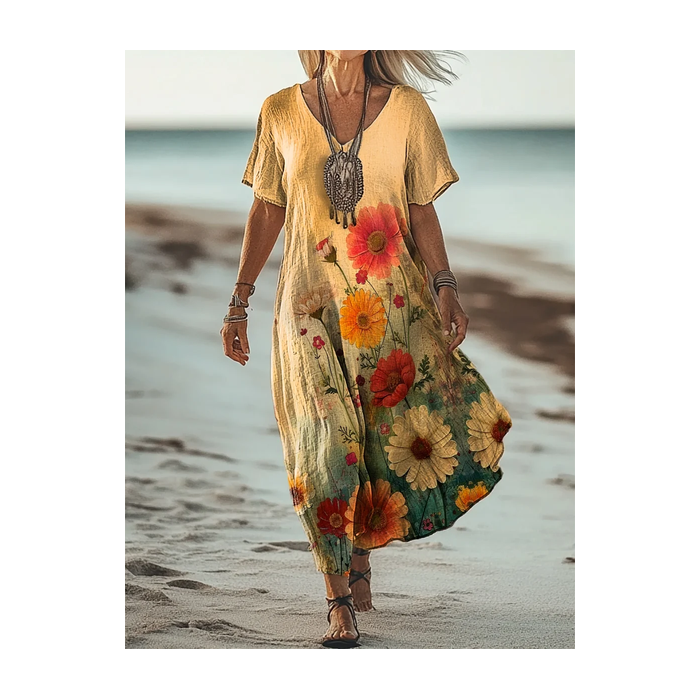Women's Floral Short Sleeve Summer Printing Dress V Neck Daily Casual Maxi T-Shirt Dress H-Line Dress