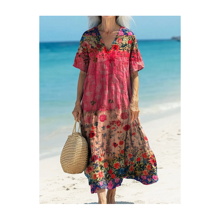 Women's Floral Short Sleeve Summer Printing Dress V Neck Daily Casual Maxi T-Shirt Dress H-Line Dress
