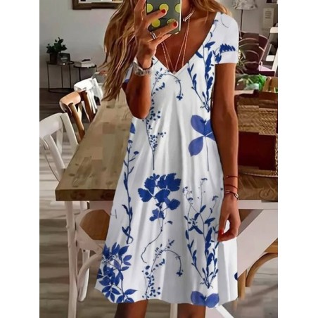 Women's Floral Short Sleeve Summer Printing Dress V Neck Daily Casual Knee Length T-Shirt Dress H-Line Dress