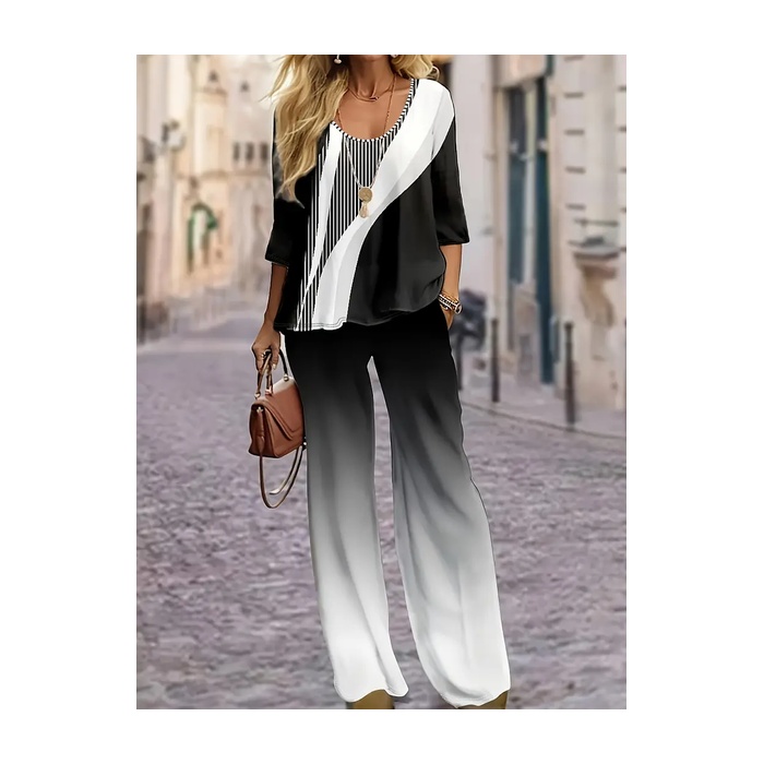 Women's Geometric Printing Two-Piece Set Daily Long Sleeve Casual Spring/Fall Top With Pants Matching Set