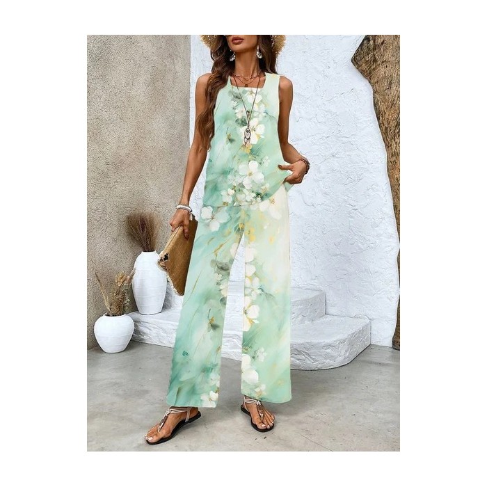 Women's Floral Printing Two-Piece Set Daily Sleeveless Casual Summer Top With Pants Matching Set