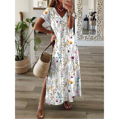 Women's Floral Short Sleeve Summer Printing Dress V Neck Daily Casual Maxi X-Line Dress