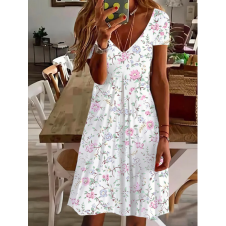 Women's Floral Short Sleeve Summer Printing Dress V Neck Daily Casual Knee Length T-Shirt Dress H-Line Dress