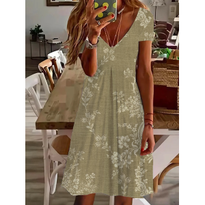 Women's Floral Short Sleeve Summer Printing Dress V Neck Daily Casual Knee Length T-Shirt Dress H-Line Dress