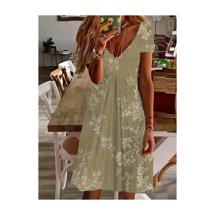Women's Floral Short Sleeve Summer Printing Dress V Neck Daily Casual Knee Length T-Shirt Dress H-Line Dress