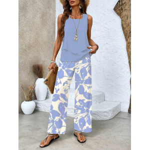 Women's Floral Printing Two-Piece Set Daily Sleeveless Casual Summer Top With Pants Matching Set