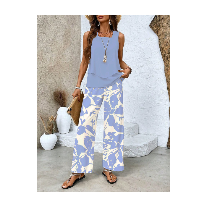 Women's Floral Printing Two-Piece Set Daily Sleeveless Casual Summer Top With Pants Matching Set