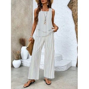 Women's Striped Printing Two-Piece Set Daily Sleeveless Casual Summer Top With Pants Matching Set
