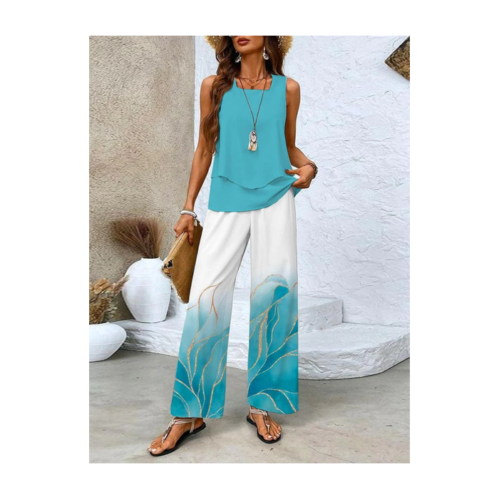 Women's Abstract Printing Two-Piece Set Daily Sleeveless Casual Summer Top With Pants Matching Set