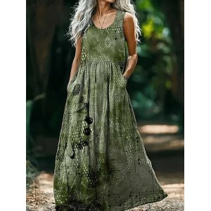 Women's Floral Sleeveless Summer Printing Dress Crew Neck Daily Casual Maxi Tank H-Line Dress