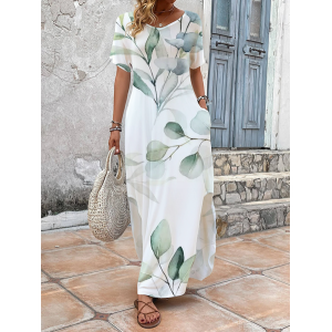 Women's Floral Short Sleeve Summer Printing Dress V Neck Daily Casual Maxi T-Shirt Dress H-Line Dress