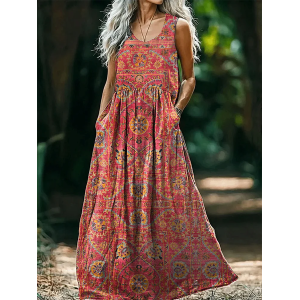 Women's Floral Sleeveless Summer Printing Dress Crew Neck Daily Casual Maxi Tank H-Line Dress