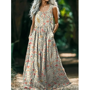Women's Floral Sleeveless Summer Printing Dress Crew Neck Daily Casual Maxi Tank H-Line Dress
