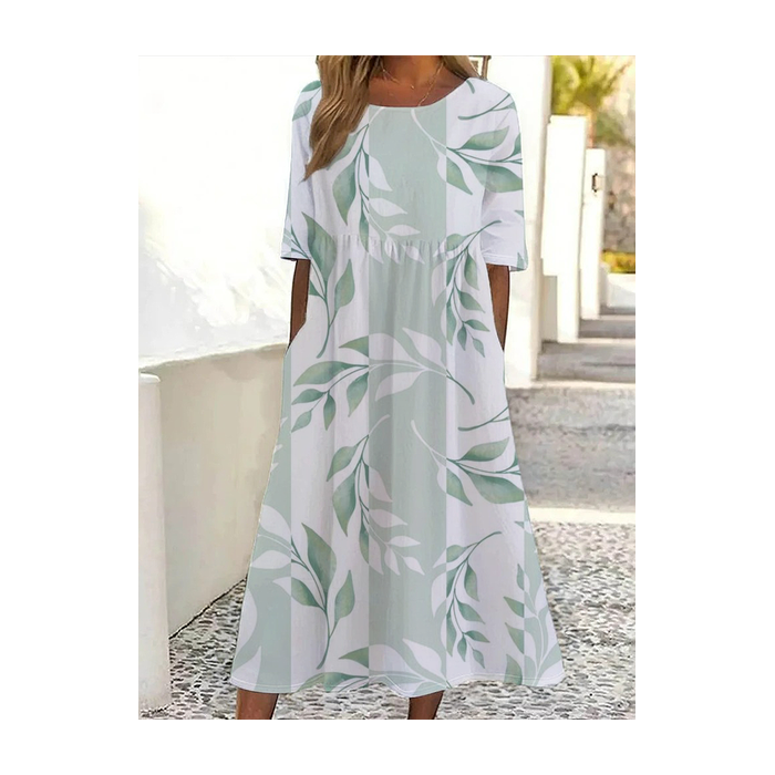 Women Floral Short Sleeve Summer Printing Dress Crew Neck Daily Casual Maxi Shift Dress H-Line Dress