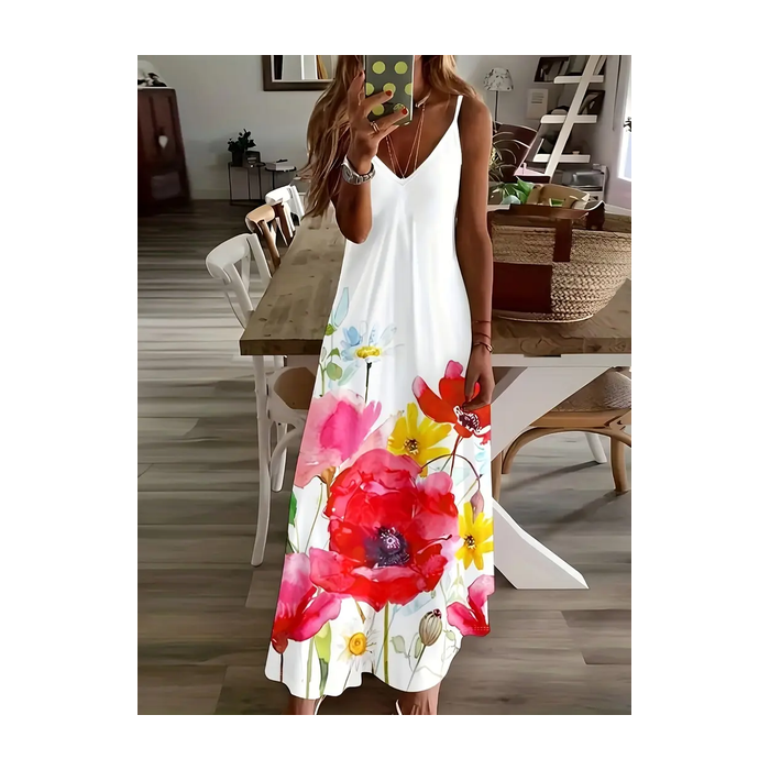 Women Floral Sleeveless Summer Printing Dress V Neck Daily Casual Maxi Slip Dress X-Line Dress