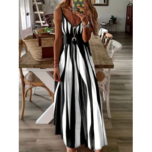 Women Abstract Stripes Sleeveless Summer Printing Dress V Neck Daily Casual Maxi Slip Dress X-Line Dress