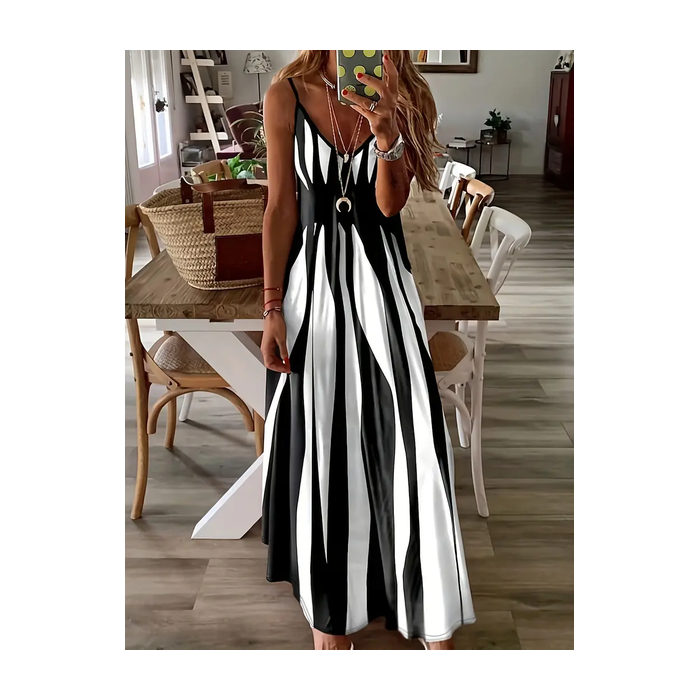 Women Abstract Stripes Sleeveless Summer Printing Dress V Neck Daily Casual Maxi Slip Dress X-Line Dress