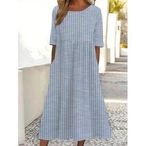 Women Striped Short Sleeve Summer Printing Dress Crew Neck Daily Casual Maxi Shift Dress H-Line Dress