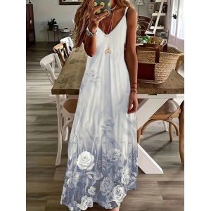 Women Floral Sleeveless Summer Printing Dress V Neck Daily Casual Maxi Slip Dress X-Line Dress