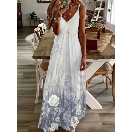 Women Floral Sleeveless Summer Printing Dress V Neck Daily Casual Maxi Slip Dress X-Line Dress