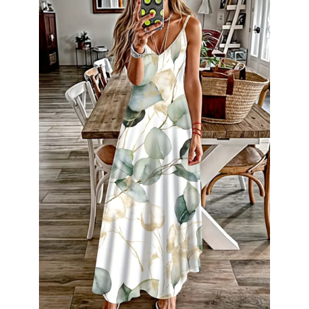 Women Floral Sleeveless Summer Printing Dress V Neck Daily Casual Maxi Slip Dress X-Line Dress