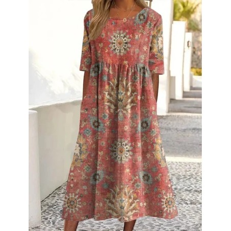 Women Floral Short Sleeve Summer Printing Dress Crew Neck Daily Casual Maxi Shift Dress H-Line Dress