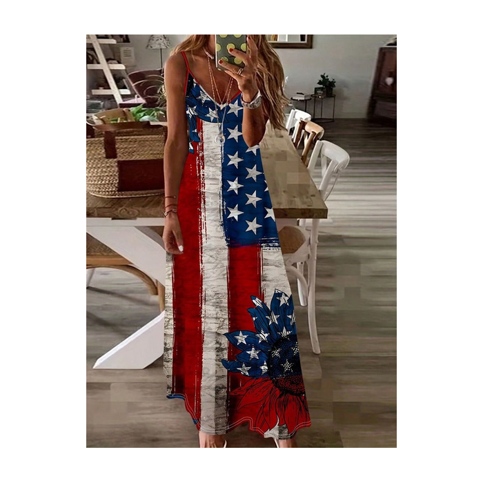 Women Independence Day (Flag) Sleeveless Summer Printing Dress V Neck Daily Casual Maxi Slip Dress X-Line Dress