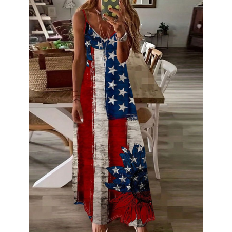 Women Independence Day (Flag) Sleeveless Summer Printing Dress V Neck Daily Casual Maxi Slip Dress X-Line Dress