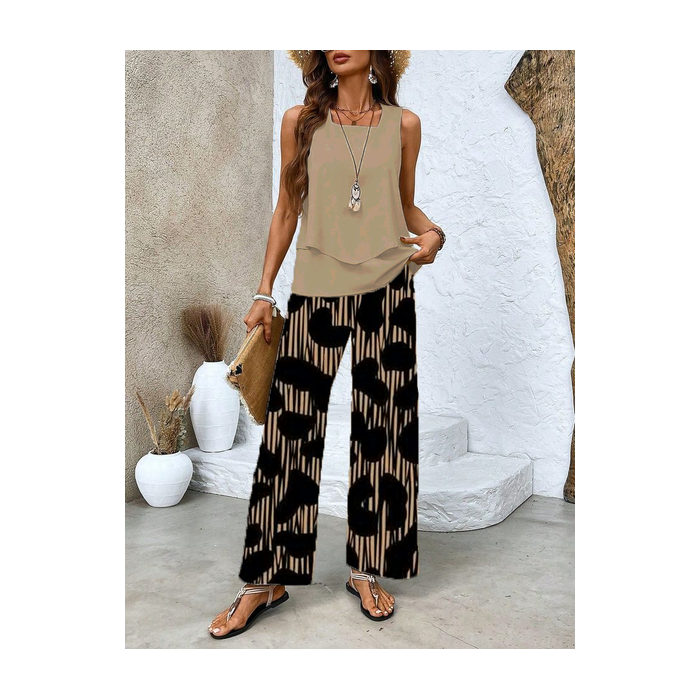 Women Abstract Printing Two-Piece Set Daily Sleeveless Casual Summer Top With Pants Matching Set