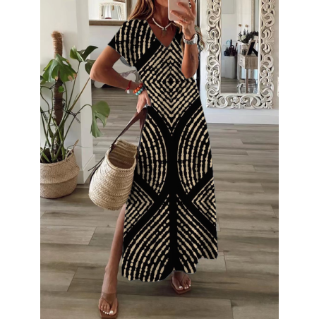 Women Geometric Short Sleeve Summer Printing Dress V Neck Daily Casual Maxi X-Line Dress
