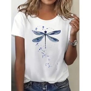 Women Dragonfly Short Sleeve Tee T-shirt Crew Neck Printing Casual Summer Graphic Tee Top
