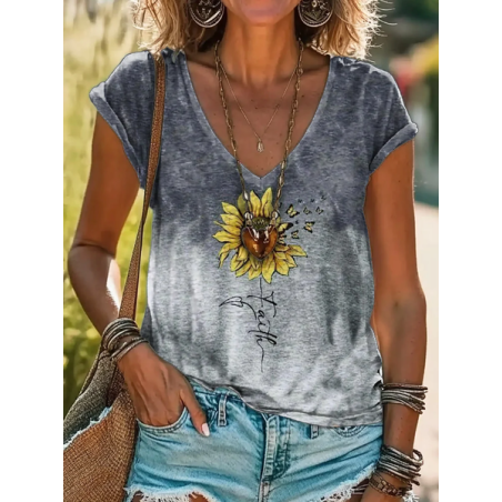 Women Floral Short Sleeve Tee T-shirt V Neck Printing Casual Summer Graphic Tee Top