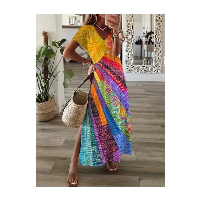 Women Hippie Short Sleeve Summer Printing Dress V Neck Daily Casual Maxi X-Line Dress