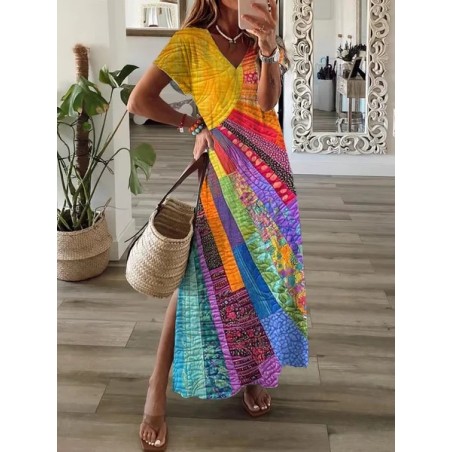 Women Hippie Short Sleeve Summer Printing Dress V Neck Daily Casual Maxi X-Line Dress