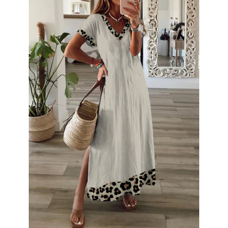 Women Leopard Short Sleeve Summer Printing Dress V Neck Daily Casual Maxi X-Line Dress