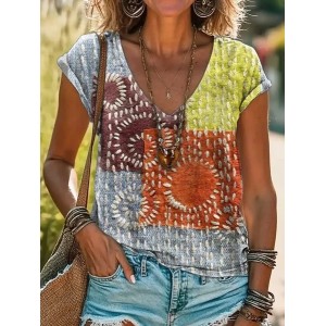 Women Geometric Short Sleeve Tee T-shirt V Neck Printing Casual Summer Graphic Tee Top