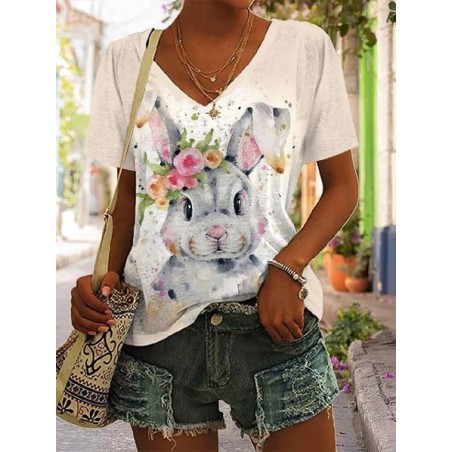Women's Easter (rabbit) Short Sleeve Tee T-shirt V Neck Printing Casual Summer Graphic Tee Top
