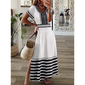 Women Striped Short Sleeve Summer Printing Dress V Neck Daily Casual Maxi X-Line Dress