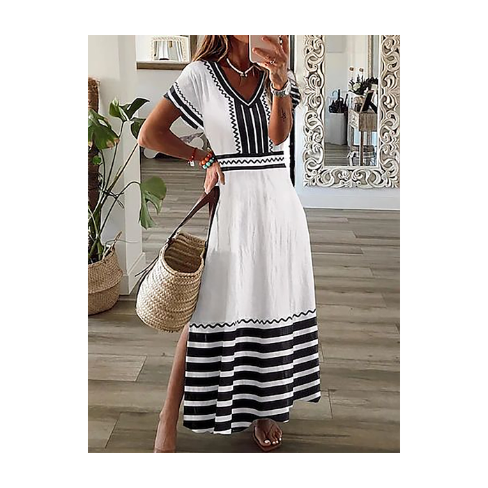 Women Striped Short Sleeve Summer Printing Dress V Neck Daily Casual Maxi X-Line Dress
