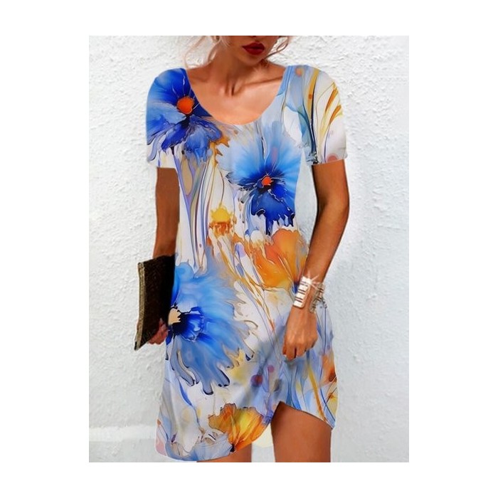 Women Floral Short Sleeve Summer Dress Crew Neck Daily Casual Mini Tunic H-Line Dress
